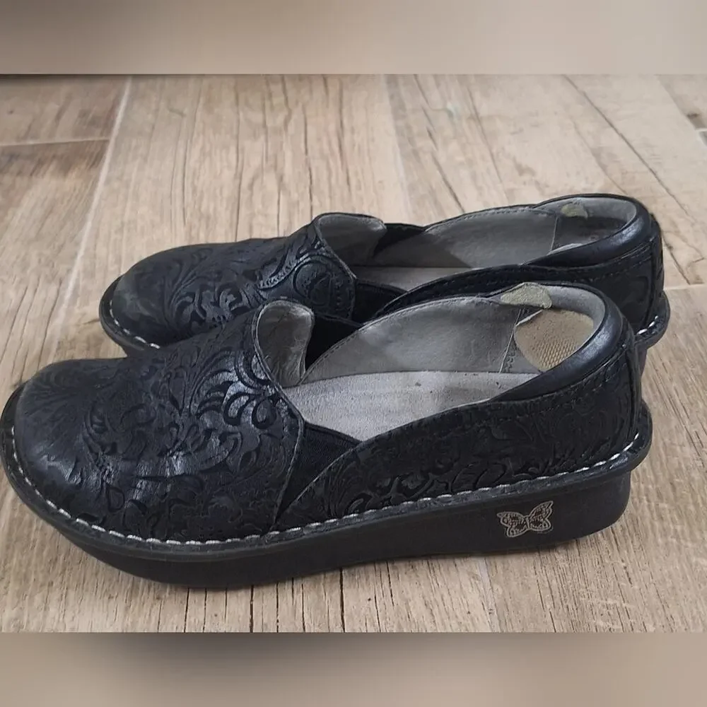Alegria Women’s Black Embossed Leather Slip-On Loafers Shoes EU 37 (US 6.5-7)